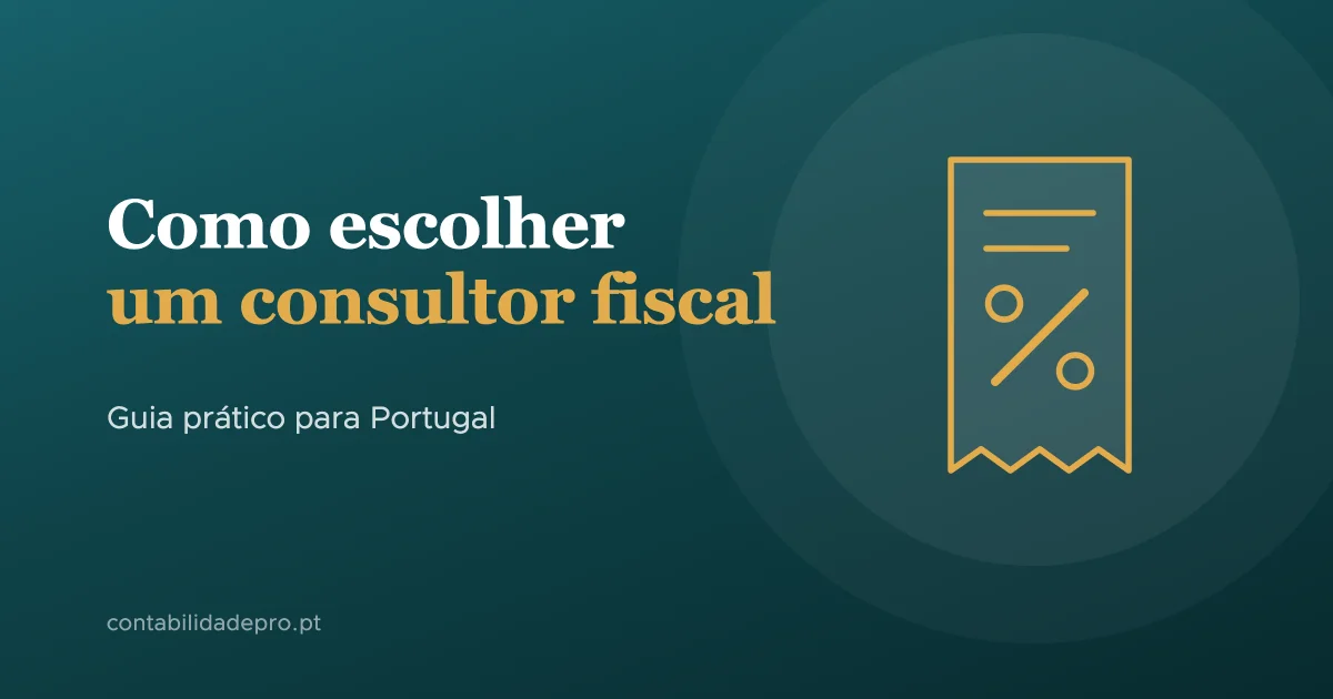 Ilustração de um recibo com o símbolo de percentagem sobre fundo verde-petróleo, com o título Como escolher um consultor fiscal