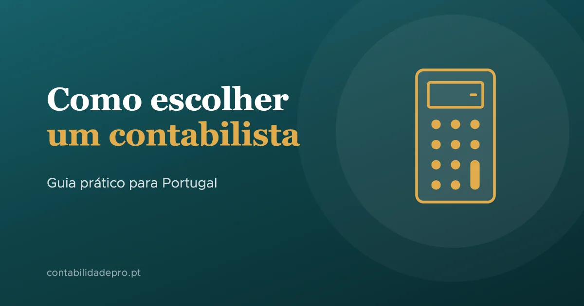 Ilustração de uma calculadora e de um livro de contas sobre fundo verde-petróleo, com o título Como escolher um contabilista