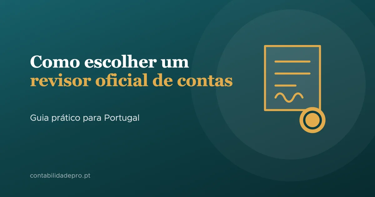 Ilustração de um documento com selo de certificação sobre fundo verde-petróleo, com o título Como escolher um revisor oficial de contas